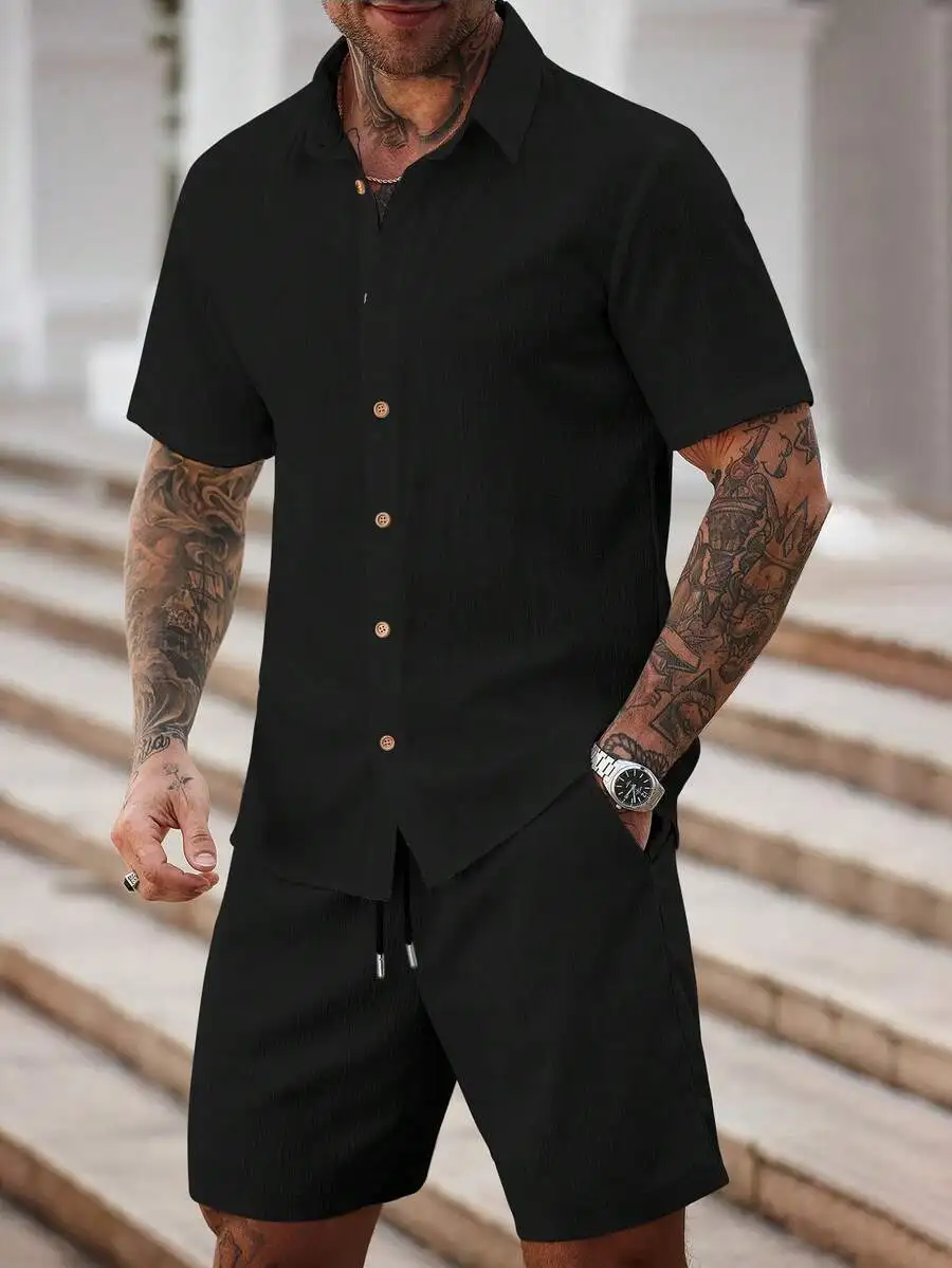 Mens Black Button Up Shirt And Shorts Set Casual Summer Outfit
Mens Black Button Up Shirt And Shorts Set Casual Summer Outfit