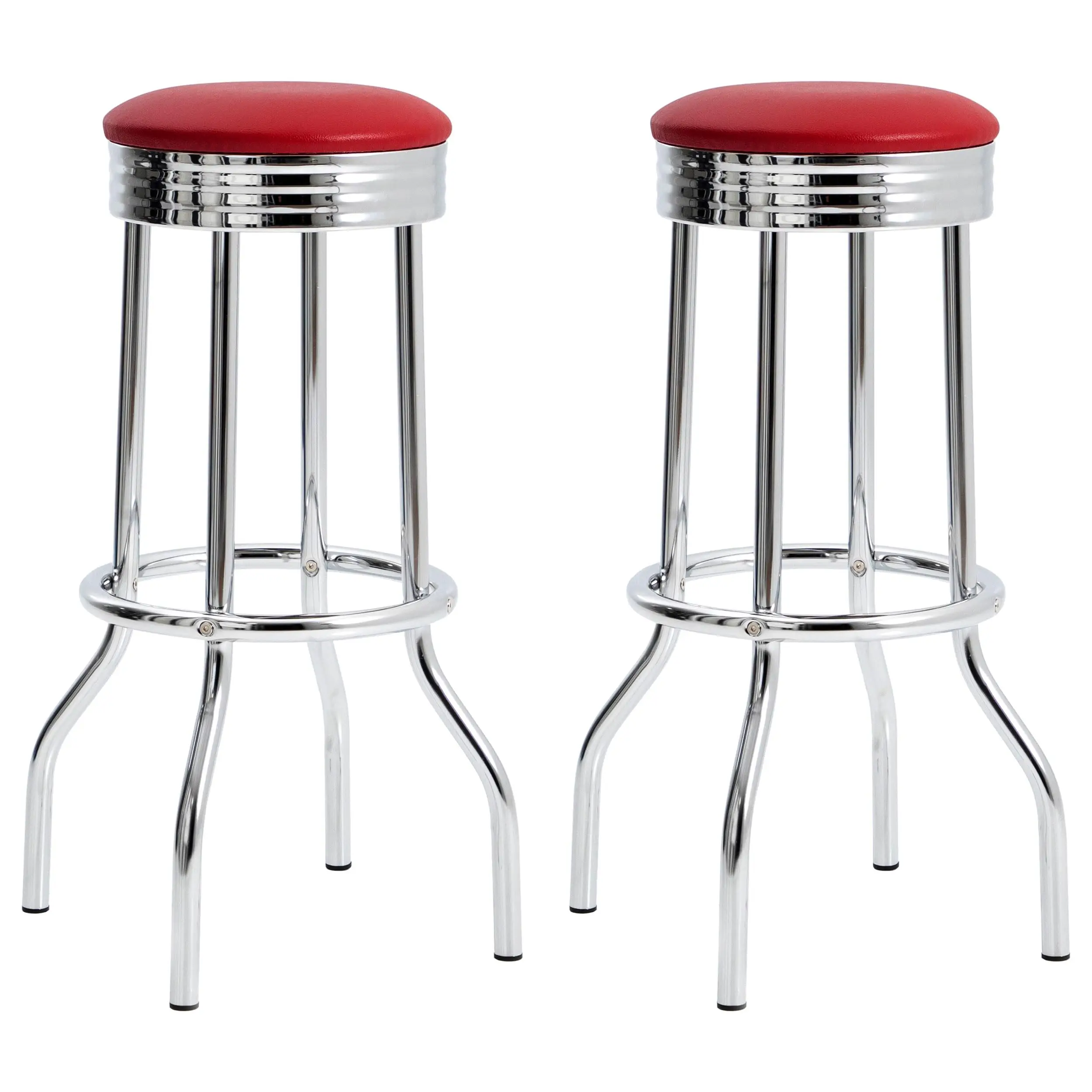 Set Of Two Retro Chrome Bar Stools With Red Leatherette Seat And Swivel Base For Kitchen Dining
Set Of Two Retro Chrome Bar Stools With Red Leatherette Seat And Swivel Base For Kitchen Dining