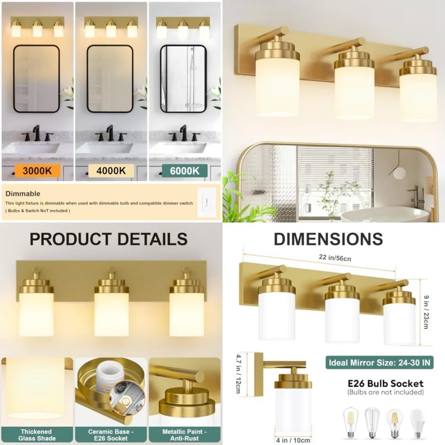 Bathroom Vanity Light Fixture, 22 Inch Gold Bathroom Light Fixtures Over Mirror, with White Glass Shade, Modern Farmhouse Vanit
Bathroom Vanity Light Fixture, 22 Inch Gold Bathroom Light Fixtures Over Mirror, with White Glass Shade, Modern Farmhouse Vanit