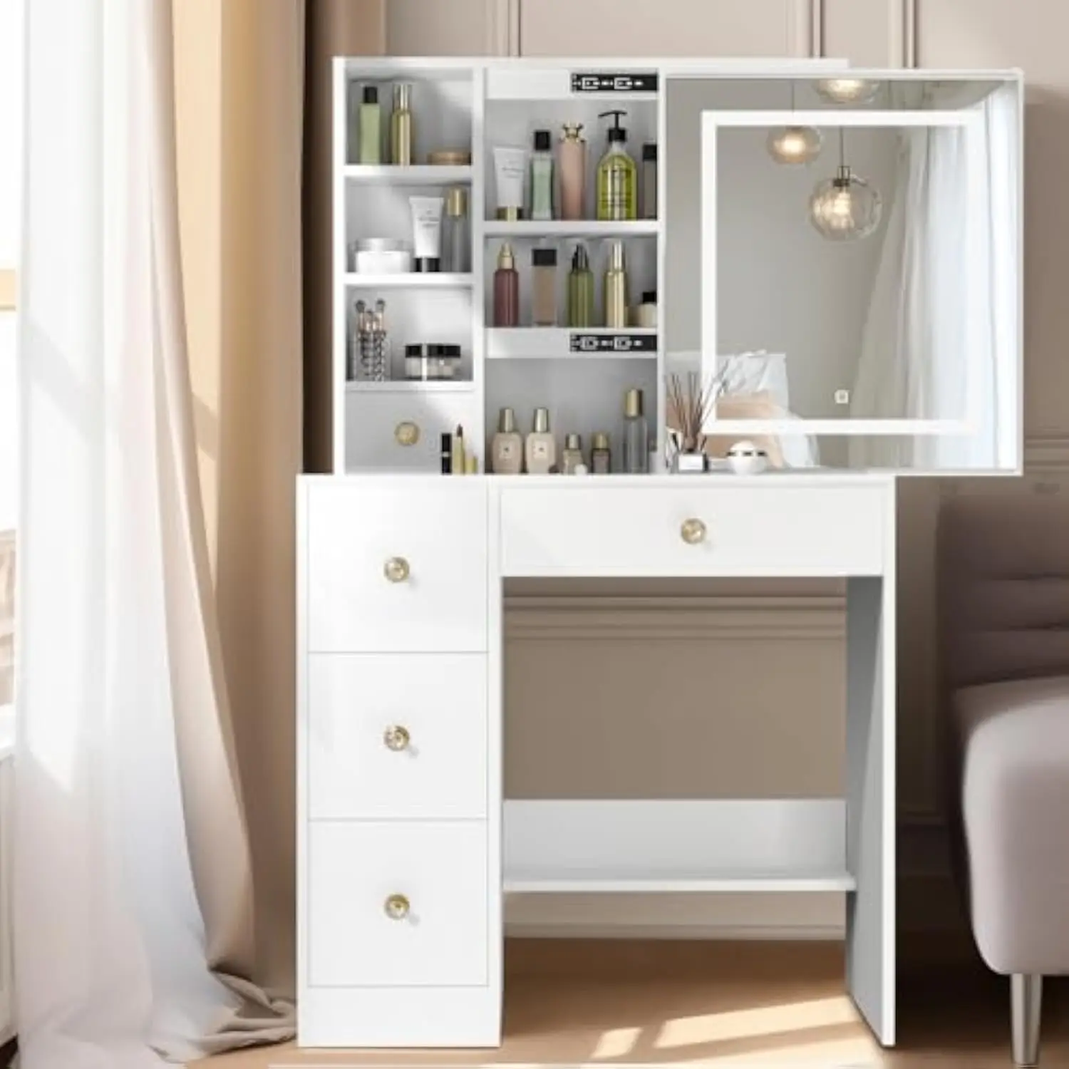 White Vanity Desk with Mirror and Lights, Vanity with Sliding LED Mirror, Makeup Vanity with 3 Lights Modes & 4 Drawers,for Bed
White Vanity Desk with Mirror and Lights, Vanity with Sliding LED Mirror, Makeup Vanity with 3 Lights Modes & 4 Drawers,for Bed