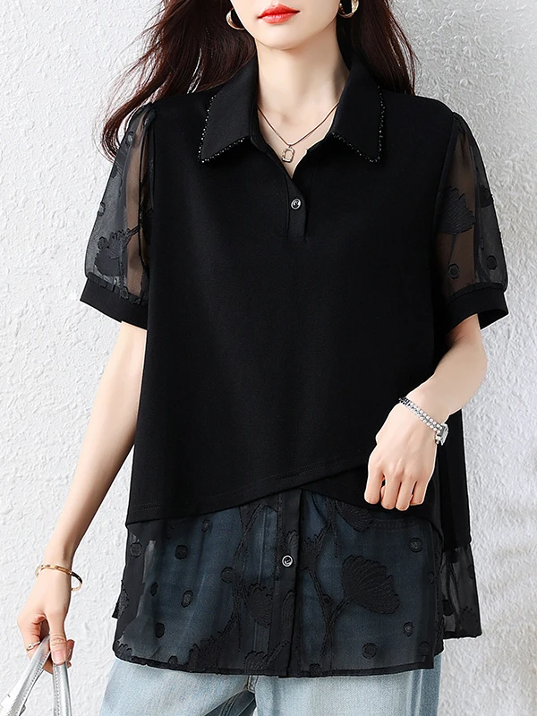 plus Size Women's Short Sleeve T-Shirt Collar Mesh Splice Casual Loose Slimming Meat Covering Sister Top Daily Wear
plus Size Women's Short Sleeve T-Shirt Collar Mesh Splice Casual Loose Slimming Meat Covering Sister Top Daily Wear