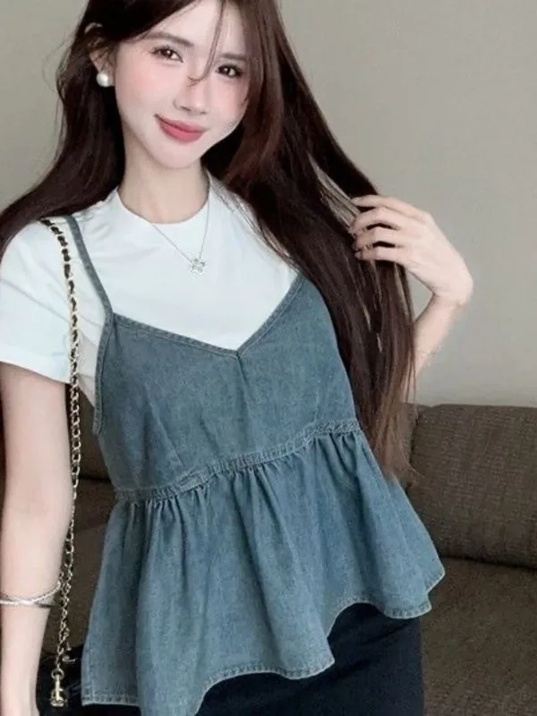 plus Size 300 Pounds Women's Summer Casual Fashion Set Vest with Ruffle Short Sleeve Denim Halter Neck Top And Bottom Pure Color
plus Size 300 Pounds Women's Summer Casual Fashion Set Vest with Ruffle Short Sleeve Denim Halter Neck Top And Bottom Pure Color