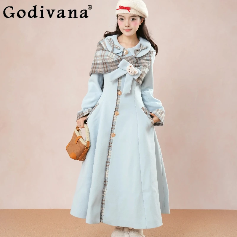 French Sweet Blue Patchwork Wool Coat for Women Autumn Winter Waist Cinching Long Woolen Coat Female Japanese Lolita Overcoat
French Sweet Blue Patchwork Wool Coat for Women Autumn Winter Waist Cinching Long Woolen Coat Female Japanese Lolita Overcoat