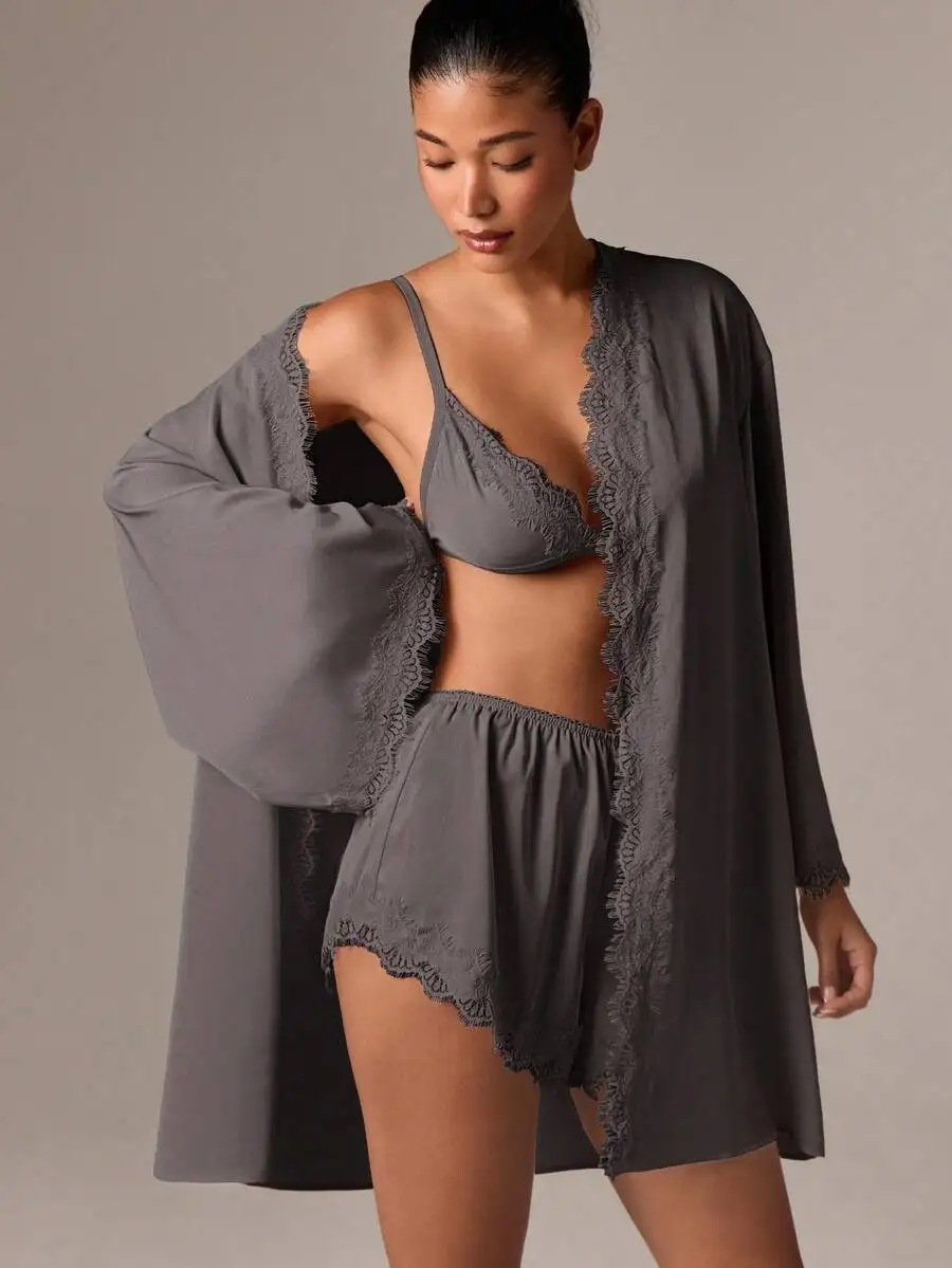 Luxury Satin Lace Trim Bralette Shorts Robe Sleepwear Loungewear Bridal Honeymoon Nightwear Valentine Gift
Luxury Satin Lace Trim Bralette Shorts Robe Sleepwear Loungewear Bridal Honeymoon Nightwear Valentine Gift