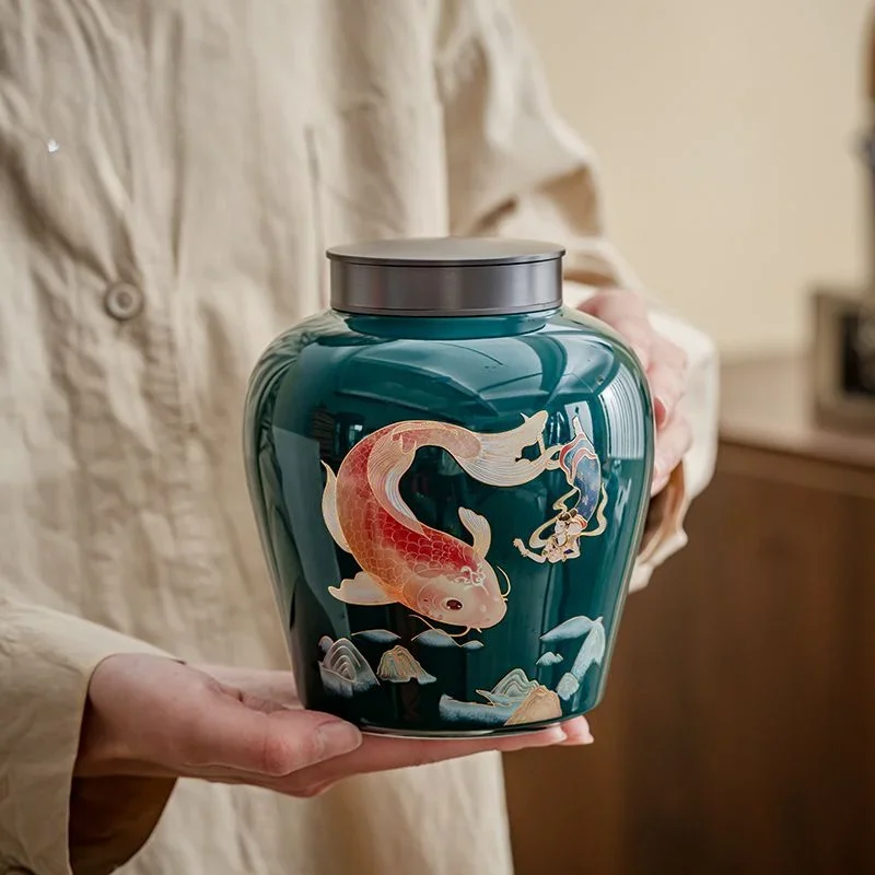 Modern Green Carp Ceramic Decoration Jar Porch Living Room Ornament Alloy Lid Sealed Tea Caddy Storage Container Home Decoration
Modern Green Carp Ceramic Decoration Jar Porch Living Room Ornament Alloy Lid Sealed Tea Caddy Storage Container Home Decoration