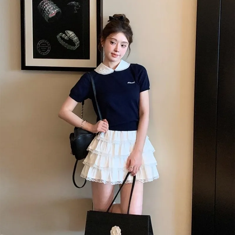 Preppy Style Short-sleeved T-shirt Women's Summer Doll Collar Knitted Fake Two-piece Top Fashion Female Clothes
Preppy Style Short-sleeved T-shirt Women's Summer Doll Collar Knitted Fake Two-piece Top Fashion Female Clothes