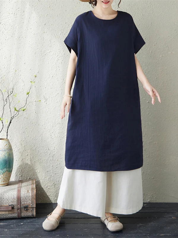 Summer New plus Size Women's Knee-Length Midi Dress Artistic Style Short Sleeve Simple Pure Color Loose Fit Cotton Blend Dress
Summer New plus Size Women's Knee-Length Midi Dress Artistic Style Short Sleeve Simple Pure Color Loose Fit Cotton Blend Dress