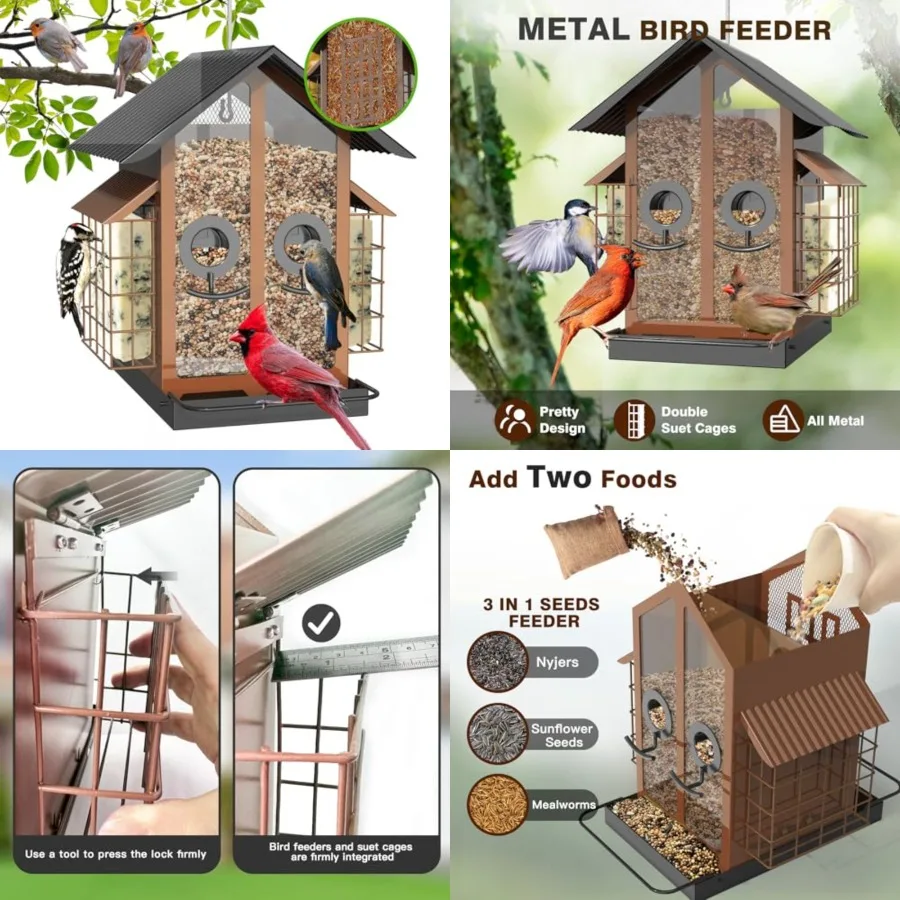 Bird Feeders for Outdoors, Metal Bird Feeder with Double Suet Cage Weatherproof Metal Roof, 2 in 1 Mixed Seeds Suet Feeder, 4Lb
Bird Feeders for Outdoors, Metal Bird Feeder with Double Suet Cage Weatherproof Metal Roof, 2 in 1 Mixed Seeds Suet Feeder, 4Lb
