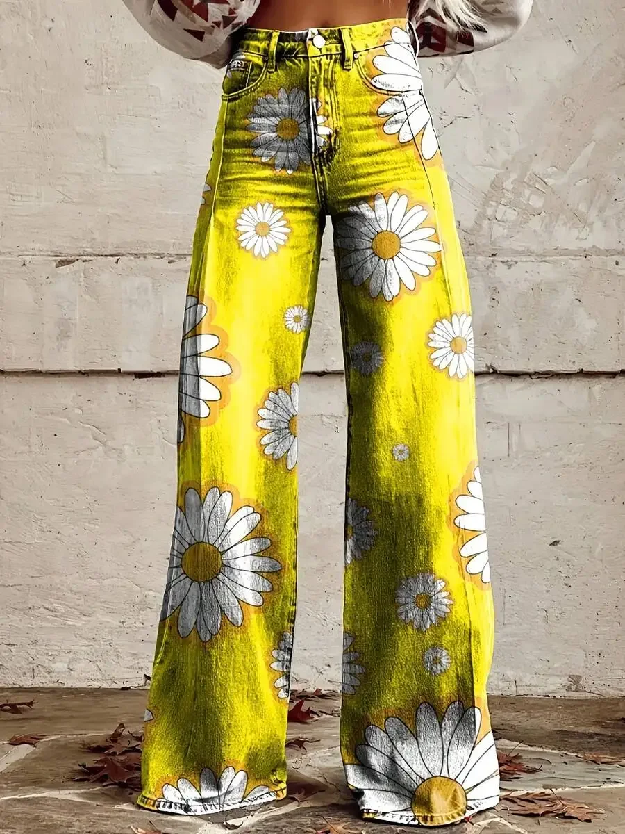 Womens Wide Leg Denim Pants With 3D Daisy Print Retro Bohemian Style
Womens Wide Leg Denim Pants With 3D Daisy Print Retro Bohemian Style