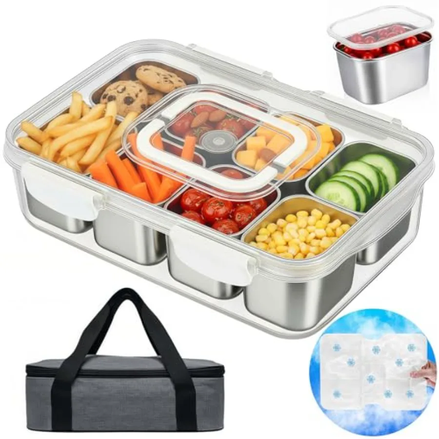 Snackle Box Container for Beach, Road Trip, Picnic: Stainless Steel with Ice Pack, Portable Insulated Bag, 8-Compartment Divide
Snackle Box Container for Beach, Road Trip, Picnic: Stainless Steel with Ice Pack, Portable Insulated Bag, 8-Compartment Divide