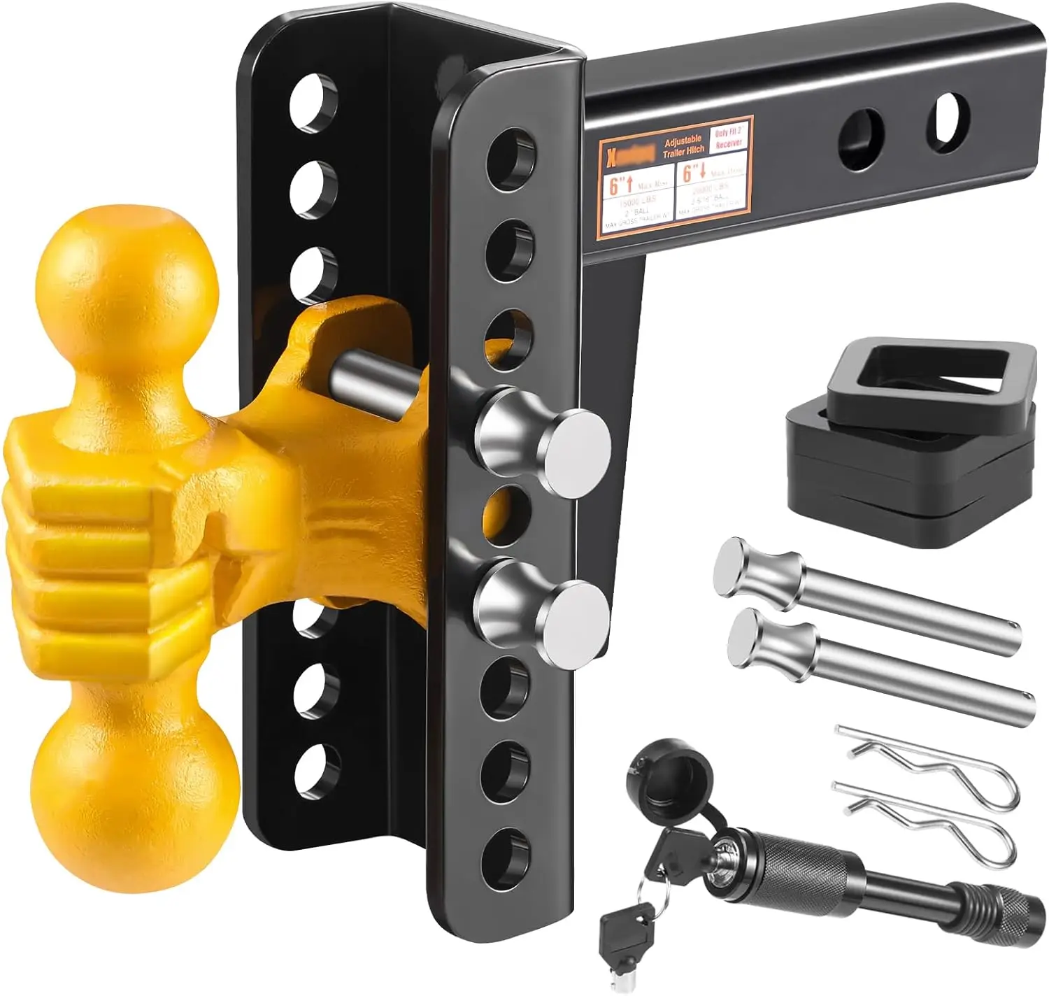 Adjustable Steel Trailer Hitch for 2-Inch Receiver, 20000 LBS GTW, 6inch Drop/Rise
Adjustable Steel Trailer Hitch for 2-Inch Receiver, 20000 LBS GTW, 6inch Drop/Rise