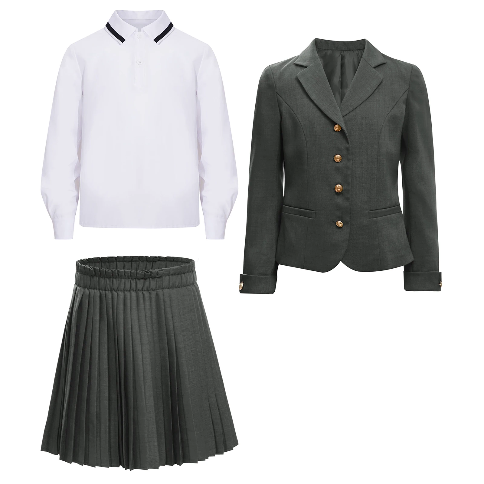 3Pcs Kids Girls School Uniform Lapel Button Down Suit Jacket with Pleated Skirt And Turn-Down Collar Long Sleeve Pullover Shirt
3Pcs Kids Girls School Uniform Lapel Button Down Suit Jacket with Pleated Skirt And Turn-Down Collar Long Sleeve Pullover Shirt