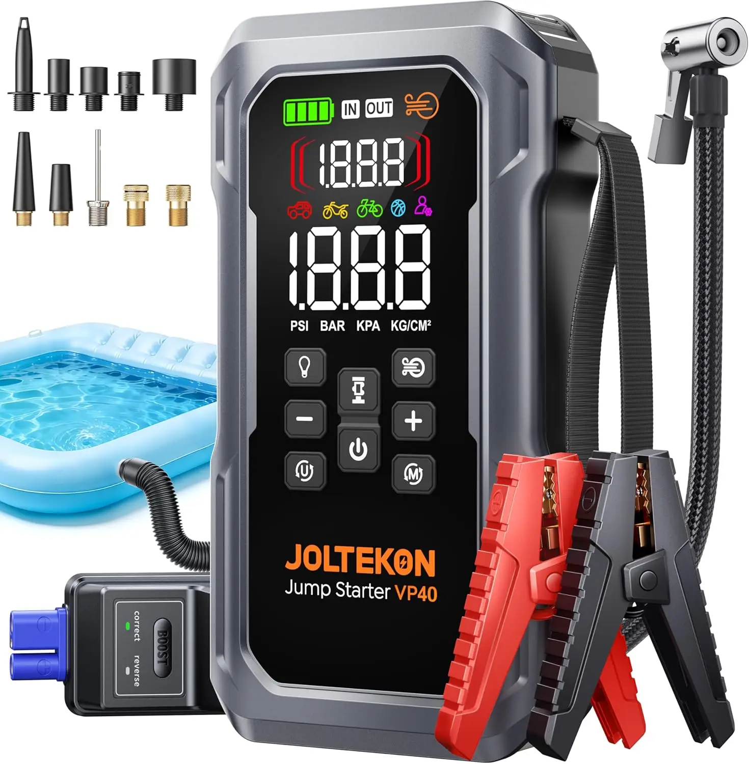 6000A 160PSI 9-in-1 Car Jump Starter with Air Compressor & Blower, Portable Jump Box for All Gas 12L Diesel, 800LM Light, 18W Fast Charge
6000A 160PSI 9-in-1 Car Jump Starter with Air Compressor & Blower, Portable Jump Box for All Gas 12L Diesel, 800LM Light, 18W Fast Charge
