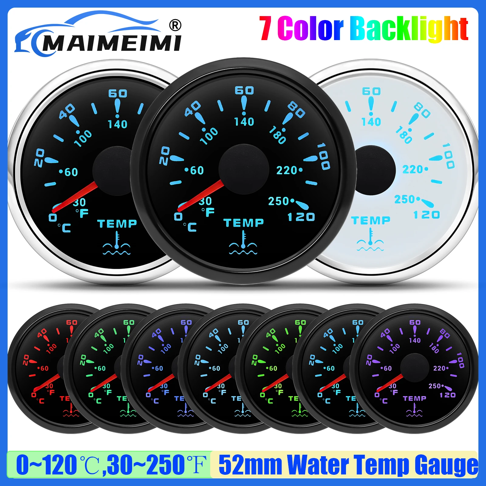 Universal Car 2"52mm Water Temperature Gauge 0-120℃,30-250℉ Water Temp Meter 7 Color Backlight for Marine Boat Yacht 12V24V
Universal Car 2"52mm Water Temperature Gauge 0-120℃,30-250℉ Water Temp Meter 7 Color Backlight for Marine Boat Yacht 12V24V