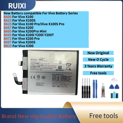 RUIXI Battery compatible For Vivo X100/X100S/X100 Pro/X100S Pro/X200/X200Pro Mini/X200i/X200 Pro/X200S/X300 Batteries+Free Tools