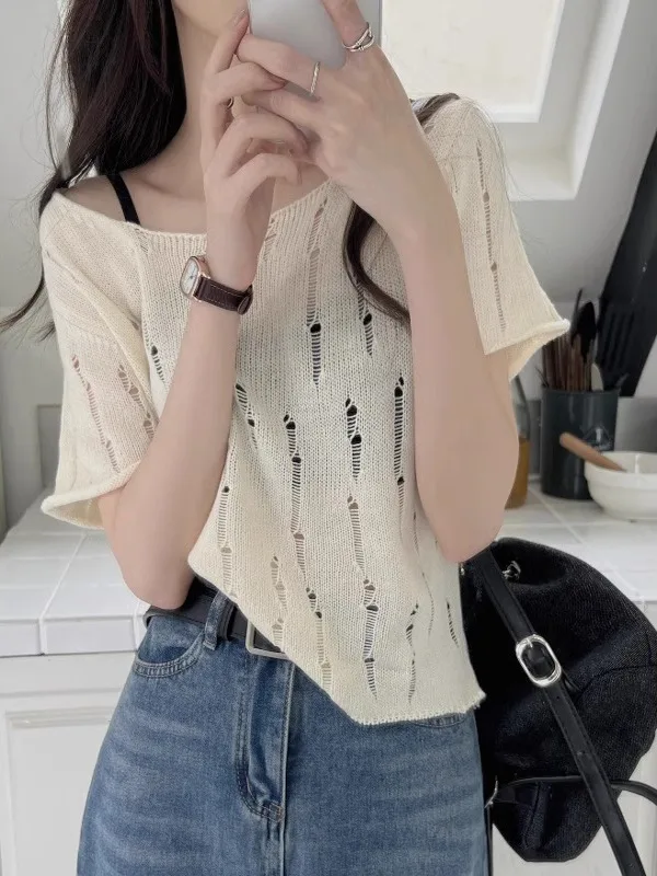 Korean Style Hollow out Short Sleeve Knitted T-Shirt Women's Loose Slimming Summer Design Casual Shoulder Top
Korean Style Hollow out Short Sleeve Knitted T-Shirt Women's Loose Slimming Summer Design Casual Shoulder Top
