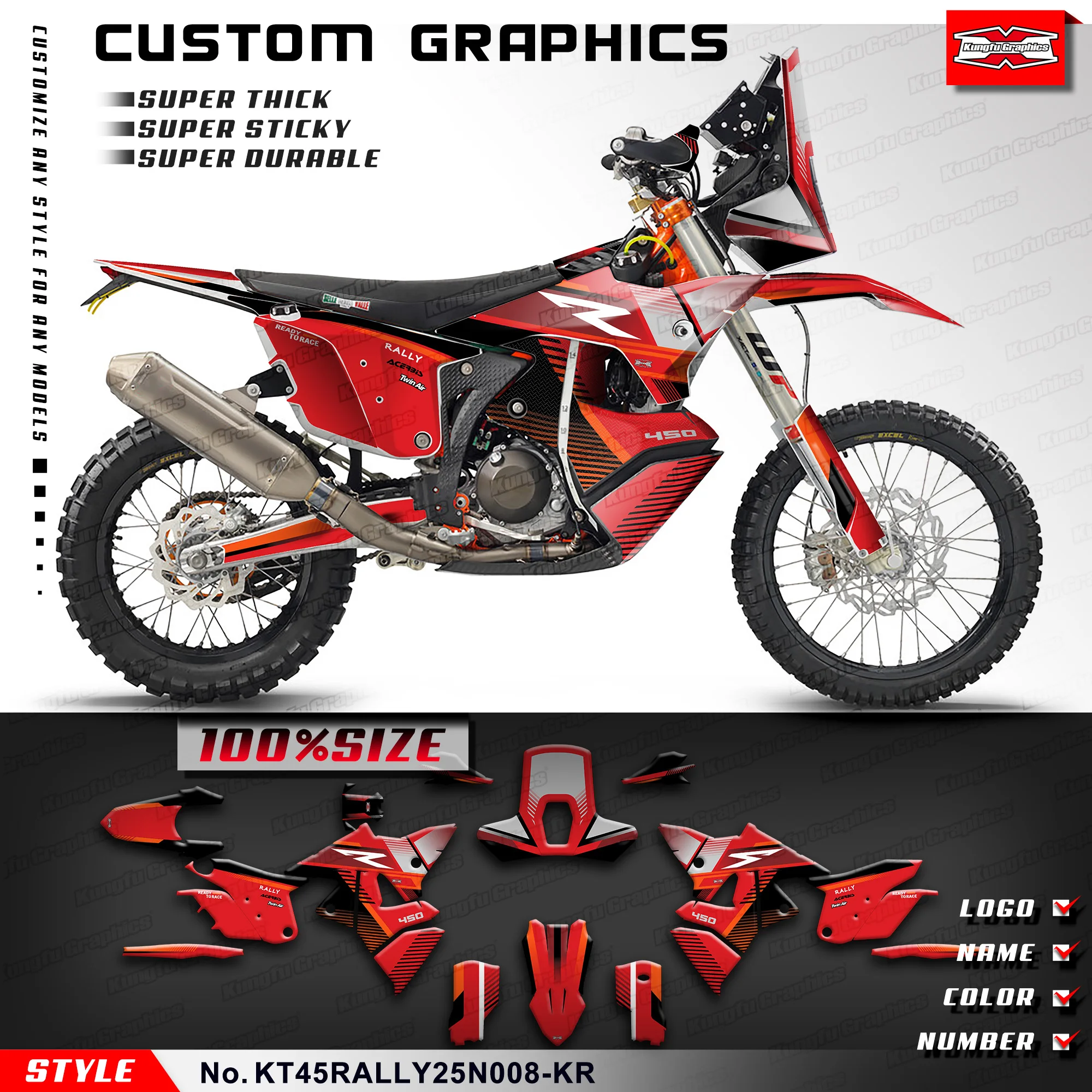 KUNGFU GRAPHICS Customised Sticker Kit Motorcycle Decals for 2025 KTM & Husqvarna 450 RALLY, Red Restyle, KT45RALLY25N008-KR
KUNGFU GRAPHICS Customised Sticker Kit Motorcycle Decals for 2025 KTM & Husqvarna 450 RALLY, Red Restyle, KT45RALLY25N008-KR
