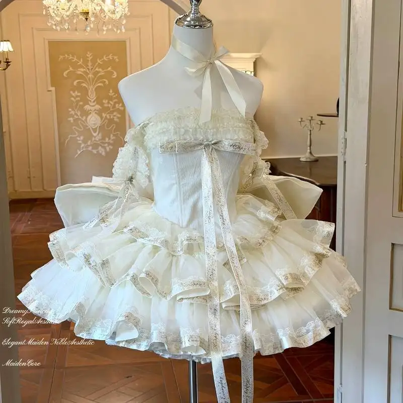 Vintage Palace Sweetheart Corset Lolita Dress Halter Lace Ribbon Tiered Tulle Puffy Mini Dress Wedding Birthday Costume
Vintage Palace Sweetheart Corset Lolita Dress Halter Lace Ribbon Tiered Tulle Puffy Mini Dress Wedding Birthday Costume