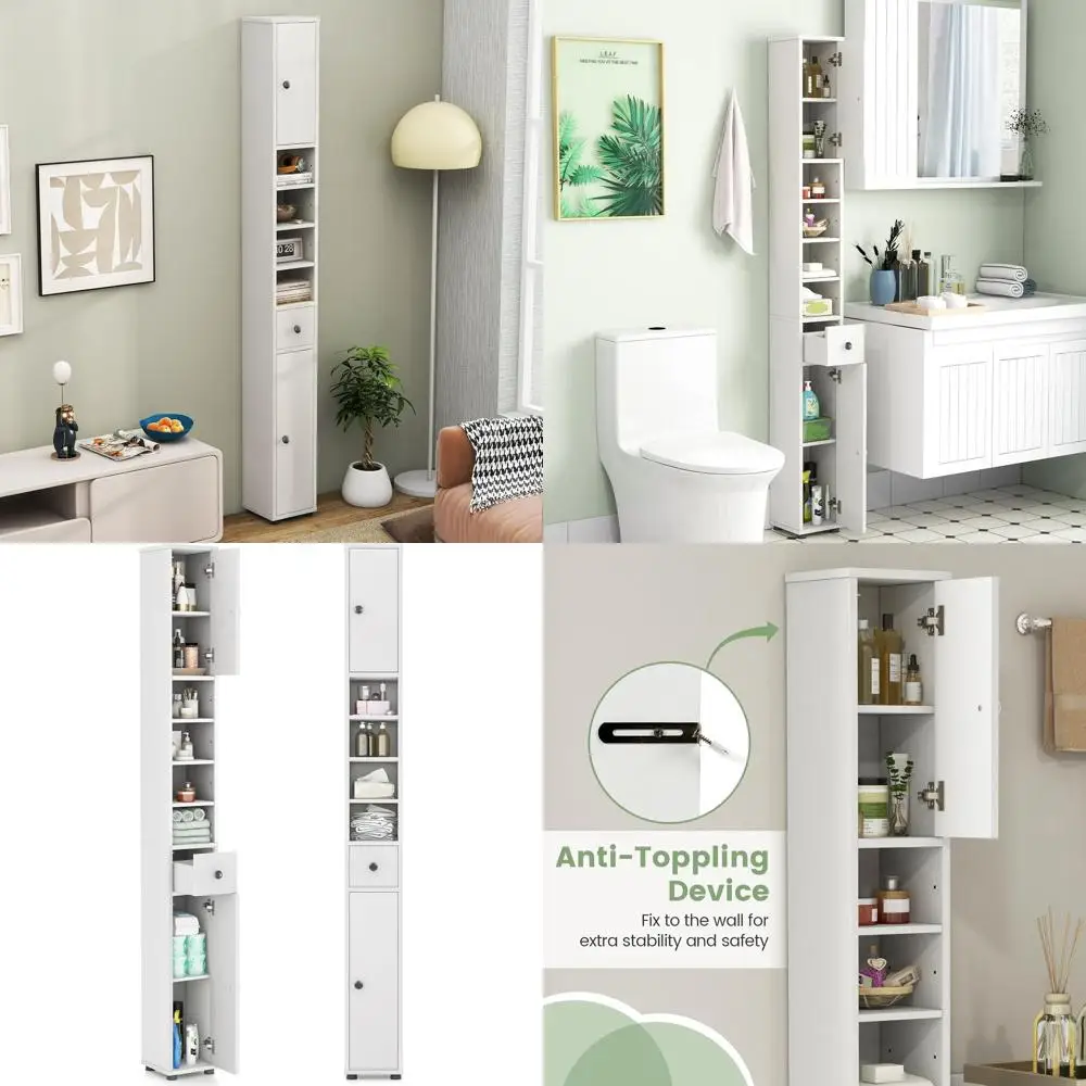 Space-Saving Tall Bathroom Storage Cabinet with 2 Doors, 1 Drawer, and 5 Adjustable Shelves, 8 x 8 x 71 (White)
Space-Saving Tall Bathroom Storage Cabinet with 2 Doors, 1 Drawer, and 5 Adjustable Shelves, 8 x 8 x 71 (White)