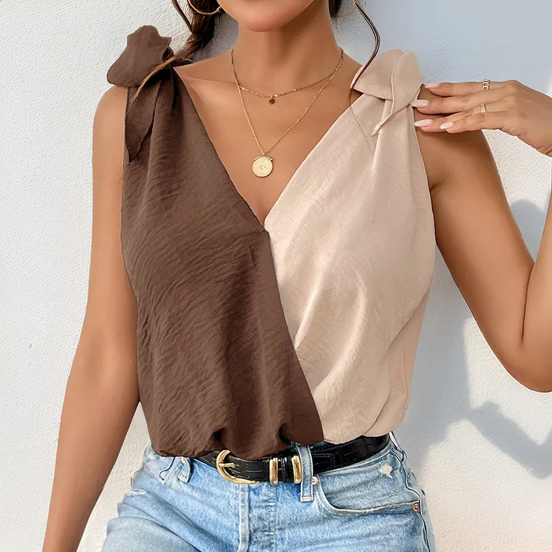 New Contrasting Color Fashionable Women's Patchwork Lace-up Suspenders Sleeveless Loose And Elegant Everyday V-neck Shirt
New Contrasting Color Fashionable Women's Patchwork Lace-up Suspenders Sleeveless Loose And Elegant Everyday V-neck Shirt
