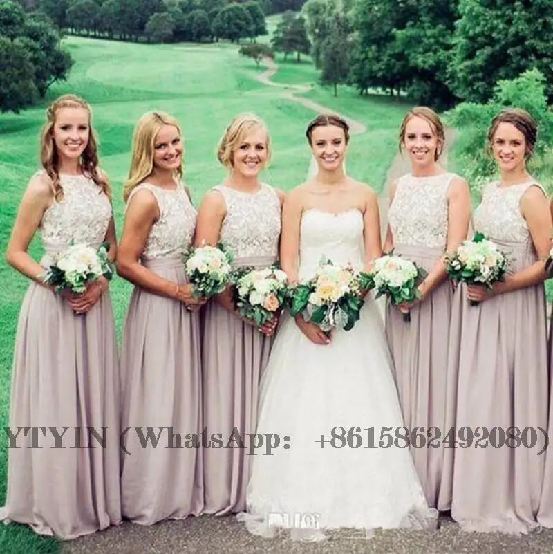 

Blush Bridesmaid Dresses A Line Backless Lace Top Sweep Train Long Garden Country Wedding Guest Gowns Maid Of Honor