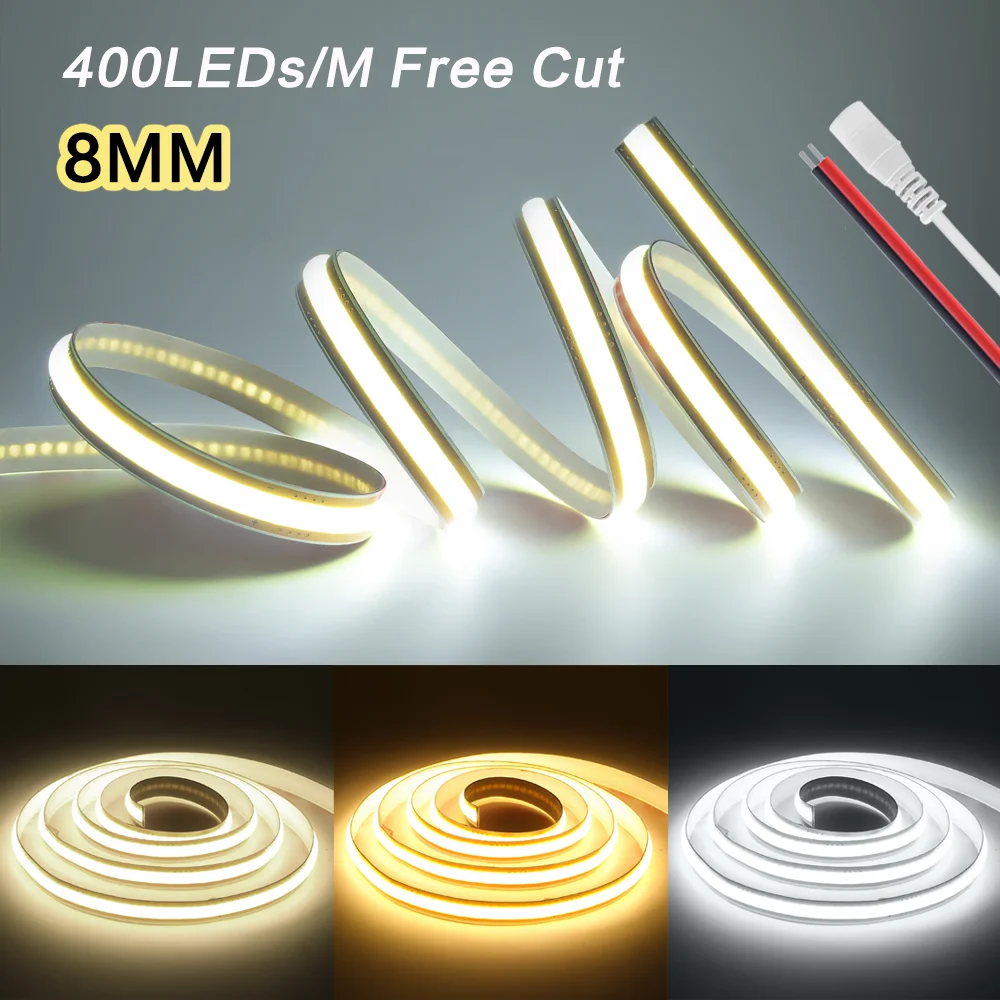 8MM Free Cut COB LED Strip Light 400LEDs/m 12V 24V High Density Flexible Tape Ribbon 3000K 4000K 6000K RA90 FOB Led Lights
8MM Free Cut COB LED Strip Light 400LEDs/m 12V 24V High Density Flexible Tape Ribbon 3000K 4000K 6000K RA90 FOB Led Lights