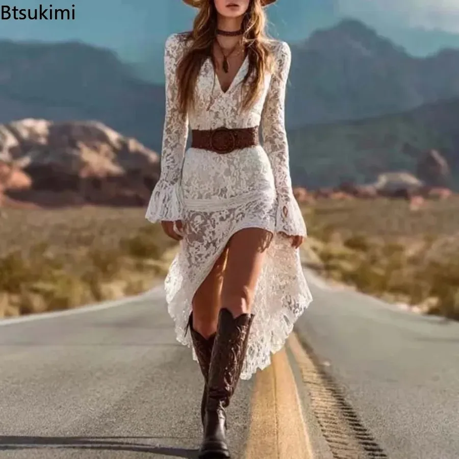 Women White Boho Lace Dress Long Sleeve V Neck High Low Hem Western Cowgirl Style Flowy Maxi Dress for Wedding Guest Beach Dress
Women White Boho Lace Dress Long Sleeve V Neck High Low Hem Western Cowgirl Style Flowy Maxi Dress for Wedding Guest Beach Dress
