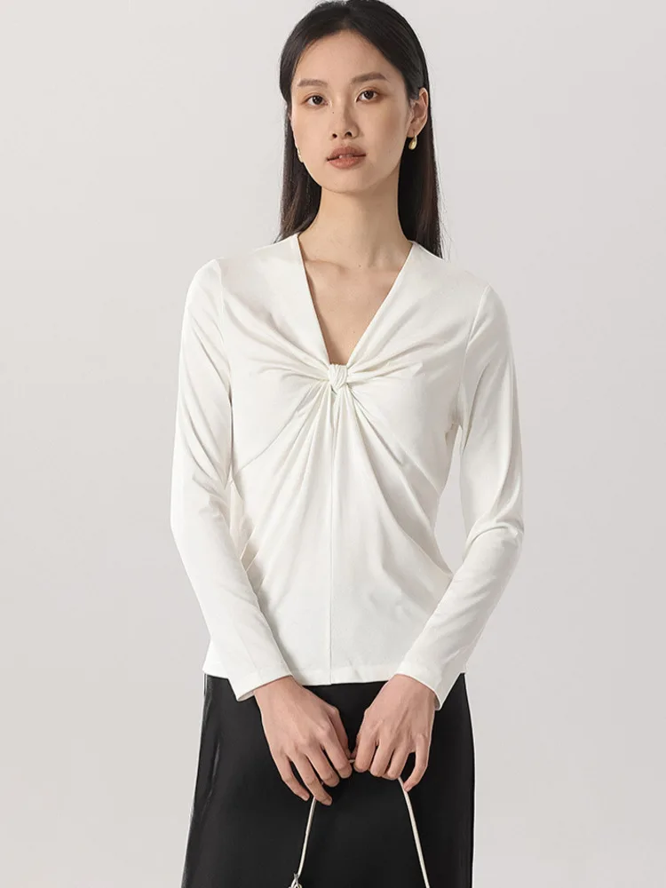 Spring Twisted V-neck T-shirt Women Long Sleeve 6% Silk Slim Soft Solid Color Bottom Tops 
Spring Twisted V-neck T-shirt Women Long Sleeve 6% Silk Slim Soft Solid Color Bottom Tops