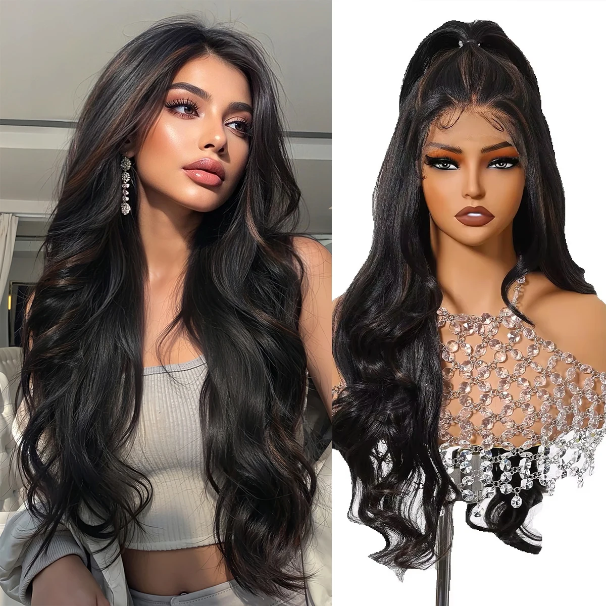 DWY Lace Front Synthetic Wig Black Highlight Brown Wig Long Body Wave Brunette Lace Wig for Women Wig with Baby Hair Pre Plucked
DWY Lace Front Synthetic Wig Black Highlight Brown Wig Long Body Wave Brunette Lace Wig for Women Wig with Baby Hair Pre Plucked