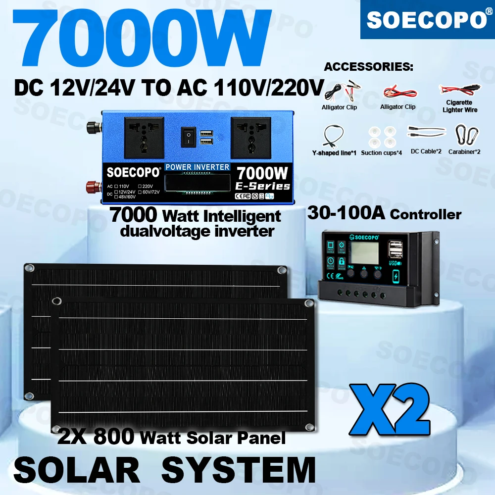7000W Solar System Kit 220v Solar Plates Kit for Home 800w 2*Solar Panels 100A Controller DC 12V - AC 110V/220VInverter Camping
7000W Solar System Kit 220v Solar Plates Kit for Home 800w 2*Solar Panels 100A Controller DC 12V - AC 110V/220VInverter Camping