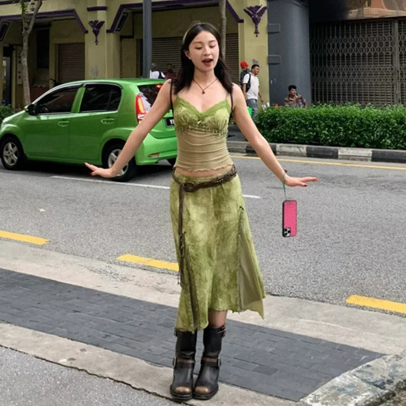 Spicy Girl Green Tie Dyed Mesh Strap Tank Top Slim Irregular Half Skirt Set Summer New Vintage Sexy Two Piece Sets Women Outfits
Spicy Girl Green Tie Dyed Mesh Strap Tank Top Slim Irregular Half Skirt Set Summer New Vintage Sexy Two Piece Sets Women Outfits