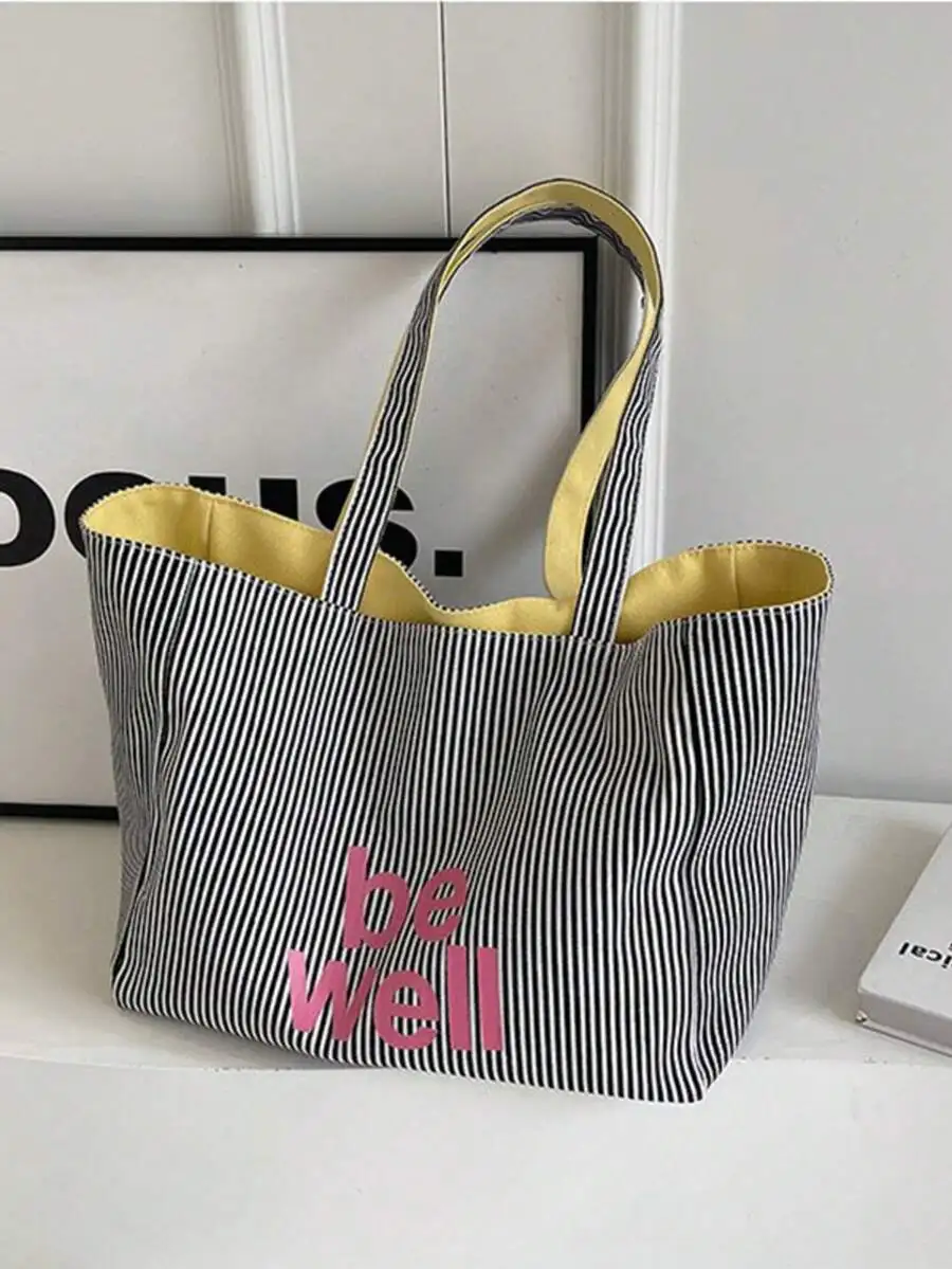 Striped Canvas Tote Bag With Letter Print Lightweight Foldable For Women
Striped Canvas Tote Bag With Letter Print Lightweight Foldable For Women