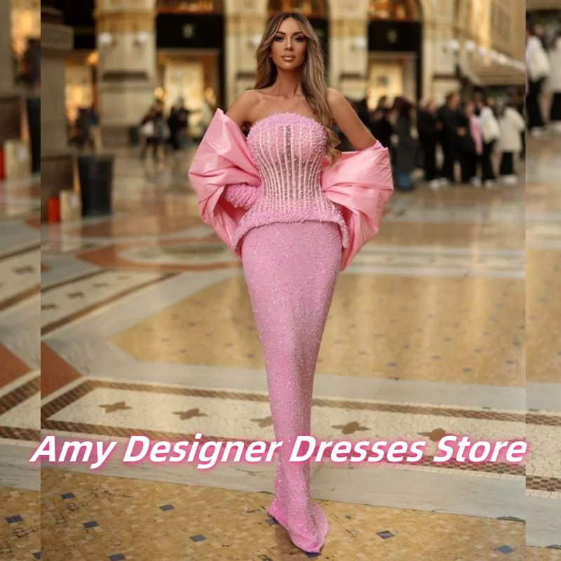Luxurious Pink Beaded Mermaid Evening Dresses For Women Long Strapless Wedding Party Dress With Puffy Cape Prom Gowns Customized
Luxurious Pink Beaded Mermaid Evening Dresses For Women Long Strapless Wedding Party Dress With Puffy Cape Prom Gowns Customized