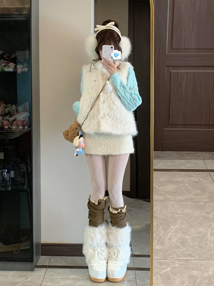 Cute Winter Korean Style Three Piece Set Fluffy Vest Base Layer Sweater Short Skirt Warm Fashionable Women's Clothing
Cute Winter Korean Style Three Piece Set Fluffy Vest Base Layer Sweater Short Skirt Warm Fashionable Women's Clothing