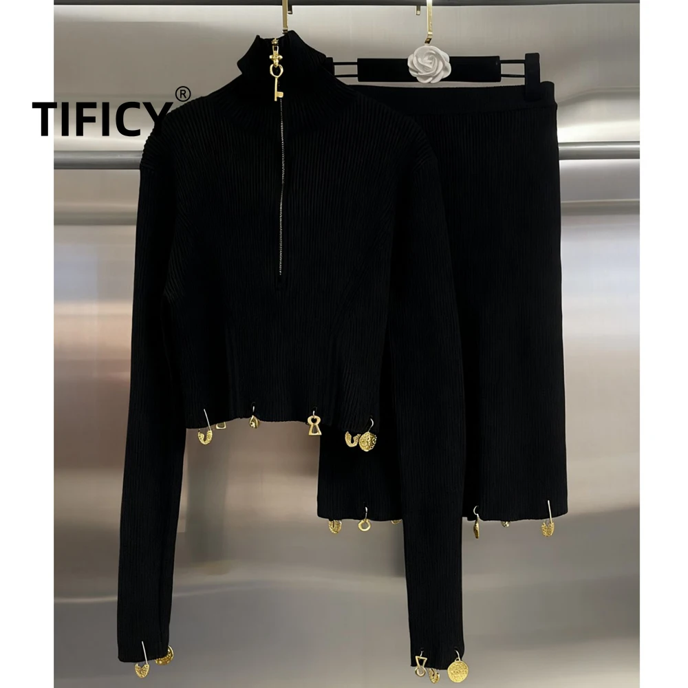 High Street Sweater Knit Two Piece Set Women's Versatile Metal Decoration Zipper Pullover Sweater Top + Skirt 2pc Set
High Street Sweater Knit Two Piece Set Women's Versatile Metal Decoration Zipper Pullover Sweater Top + Skirt 2pc Set