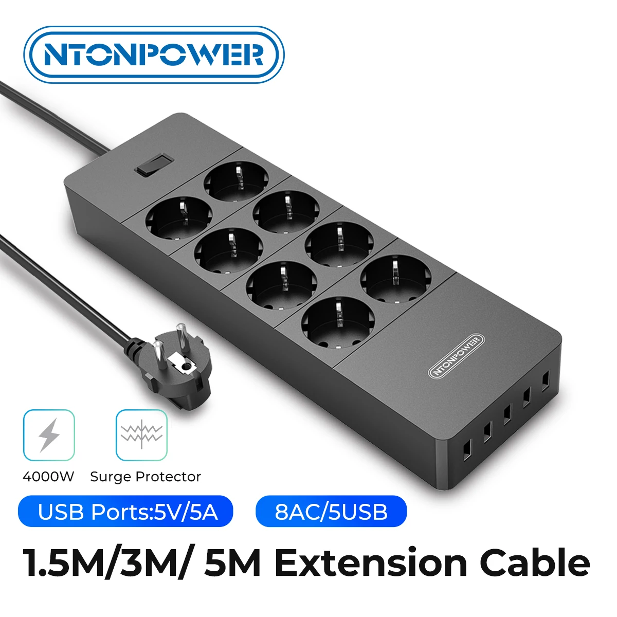NTONPOWER Power Strip 5M Extension Cable USB Ports EU Plug Surge Protector & Network filter Multiple Plugs
NTONPOWER Power Strip 5M Extension Cable USB Ports EU Plug Surge Protector & Network filter Multiple Plugs