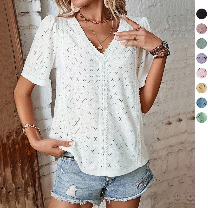 Women Blouse Lace V Neck Short Sleeve Blouses Eyelet Lace Button Front Loose Fit Solid Color Top Cropped Length White Pink Shirt
Women Blouse Lace V Neck Short Sleeve Blouses Eyelet Lace Button Front Loose Fit Solid Color Top Cropped Length White Pink Shirt