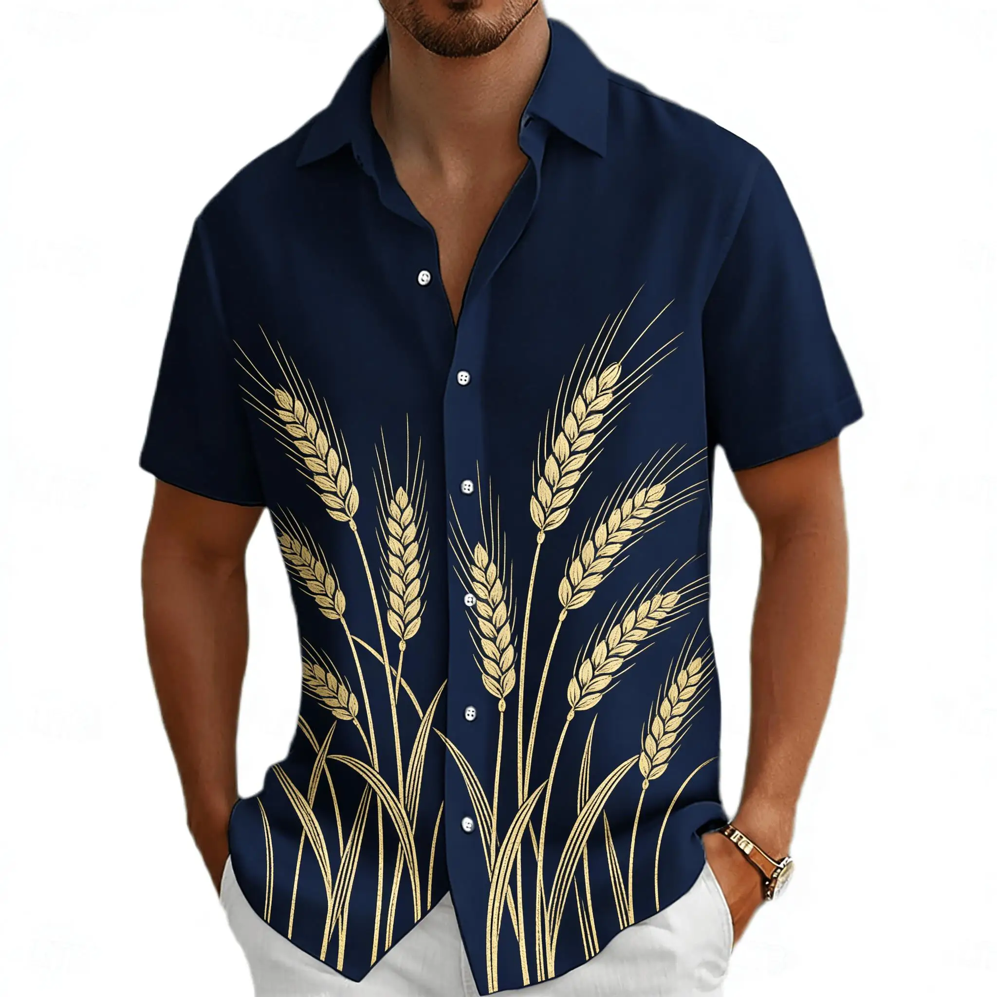 Men's Short Sleeve Shirt with Golden Wheat Ear Print, Casual Turn-Down Collar Top for Spring & Summer Vacation
Men's Short Sleeve Shirt with Golden Wheat Ear Print, Casual Turn-Down Collar Top for Spring & Summer Vacation
