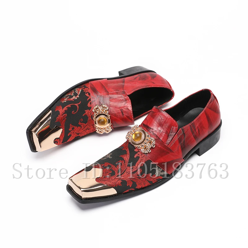 Men's Luxury Red Black Jacquard Loafers, Gold Metal Square Toe Rhinestone Buckle Dress Shoes for Banquets Business Events
Men's Luxury Red Black Jacquard Loafers, Gold Metal Square Toe Rhinestone Buckle Dress Shoes for Banquets Business Events