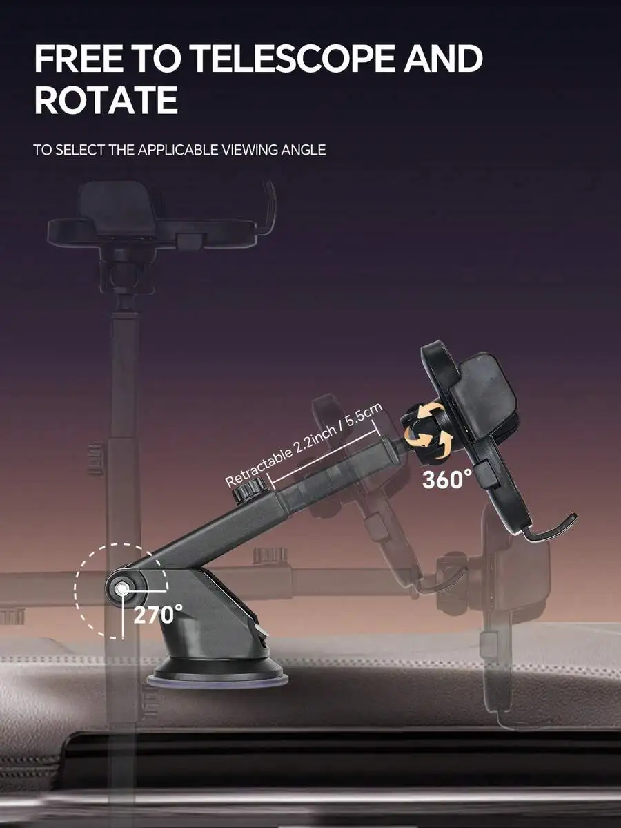 Adjustable Car Phone Holder With 360° Rotation And 270° Telescopic Arm, Strong Suction Cup For Smartphones
Adjustable Car Phone Holder With 360° Rotation And 270° Telescopic Arm, Strong Suction Cup For Smartphones