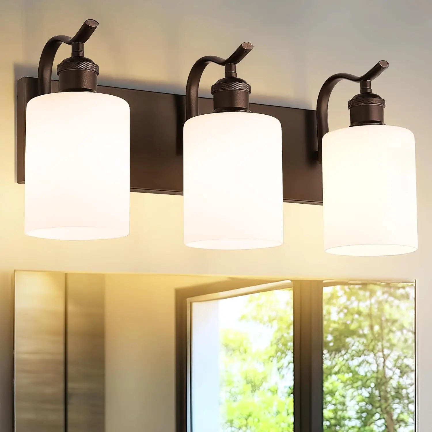 3-Light Bathroom Vanity Light, Oil Rubbed Bronze, Frosted Glass Shade, Wall Sconce Fixture
3-Light Bathroom Vanity Light, Oil Rubbed Bronze, Frosted Glass Shade, Wall Sconce Fixture