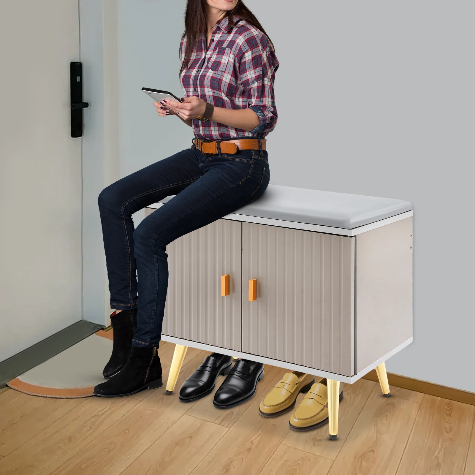 50 cm/19.7 in Light Grey+Gold Shoe Bench Upholstered Bench with Storage Space, Wooden Legs for Hallway, Living Room, Bedroom
50 cm/19.7 in Light Grey+Gold Shoe Bench Upholstered Bench with Storage Space, Wooden Legs for Hallway, Living Room, Bedroom