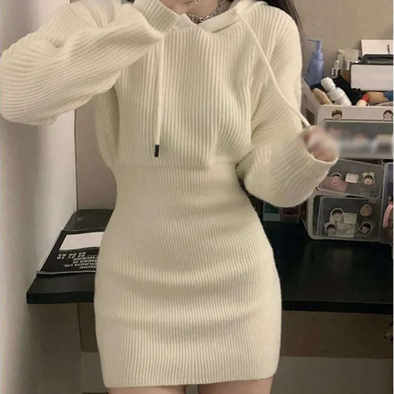 Sexy White Thicken Knit Mini Dress Woman Korean Elastic High Waist Bandage Dresses Women Hooded Outwear Long Sleeve Slim Dress
Sexy White Thicken Knit Mini Dress Woman Korean Elastic High Waist Bandage Dresses Women Hooded Outwear Long Sleeve Slim Dress