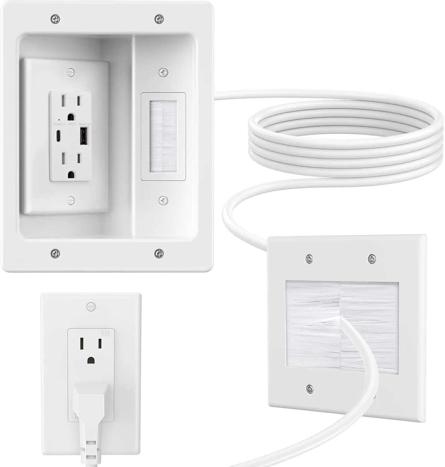 In Wall Cable Management Kit with Brush Wall Plate, AC Outlets & USB-A+USB-C Ports, 9ft Cord, Recessed Outlet for TV
In Wall Cable Management Kit with Brush Wall Plate, AC Outlets & USB-A+USB-C Ports, 9ft Cord, Recessed Outlet for TV