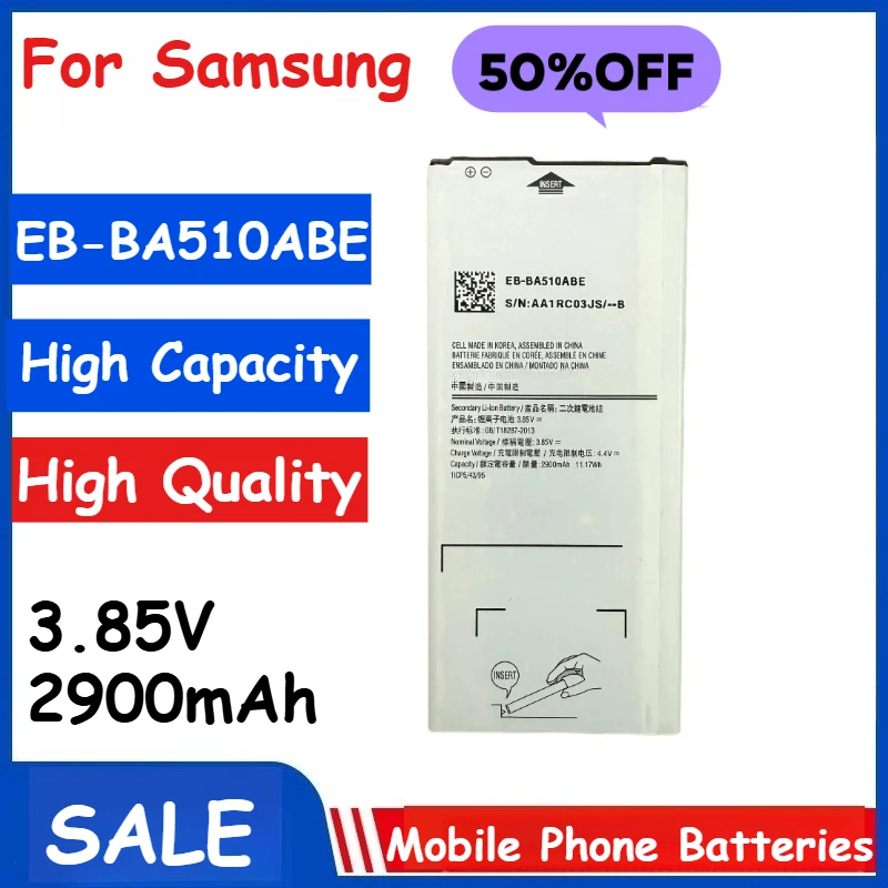 3.85V 2900mAh Mobile Phone Battery EB-BA510ABE For SamsungGalaxyA5 2016/2015/2017/2018 A510 A510F A5100 A510M A510FD A510K A510S
3.85V 2900mAh Mobile Phone Battery EB-BA510ABE For SamsungGalaxyA5 2016/2015/2017/2018 A510 A510F A5100 A510M A510FD A510K A510S