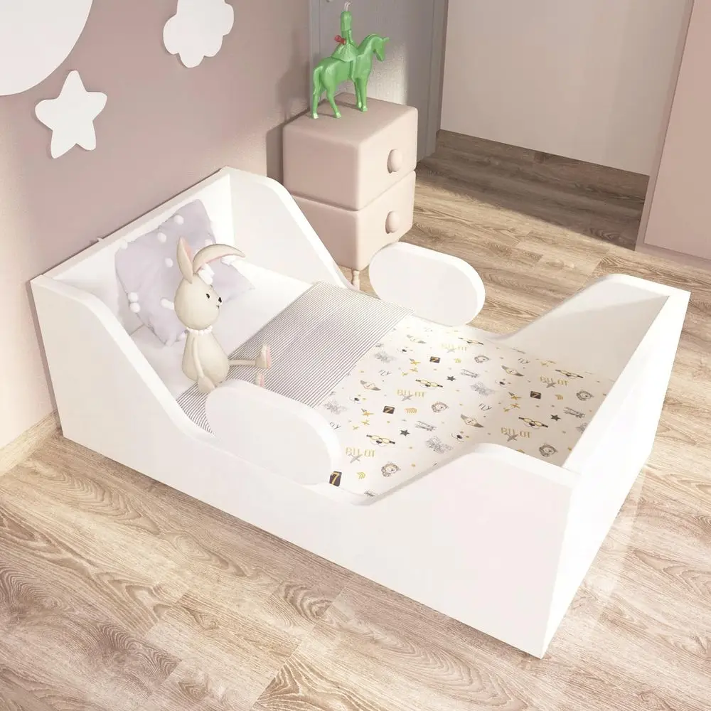 White Toddler Bed with Extra Safety Rails, Certified Fabric, and Crib Size
White Toddler Bed with Extra Safety Rails, Certified Fabric, and Crib Size