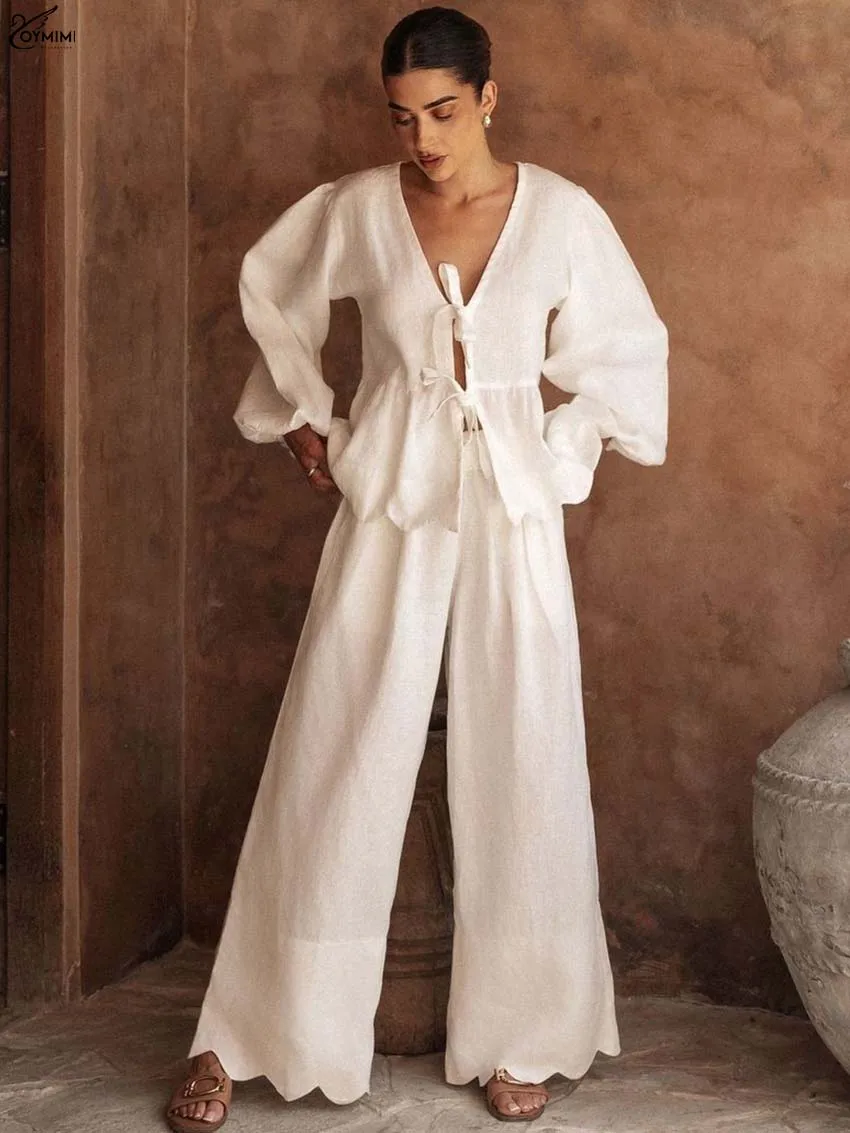 Oymimi Fashion White Cotton Two Piece Outfits Woman Elegant V-Neck Long Sleeve Lace-Up Shirts And High Waist Pockets Trousers Se
Oymimi Fashion White Cotton Two Piece Outfits Woman Elegant V-Neck Long Sleeve Lace-Up Shirts And High Waist Pockets Trousers Se