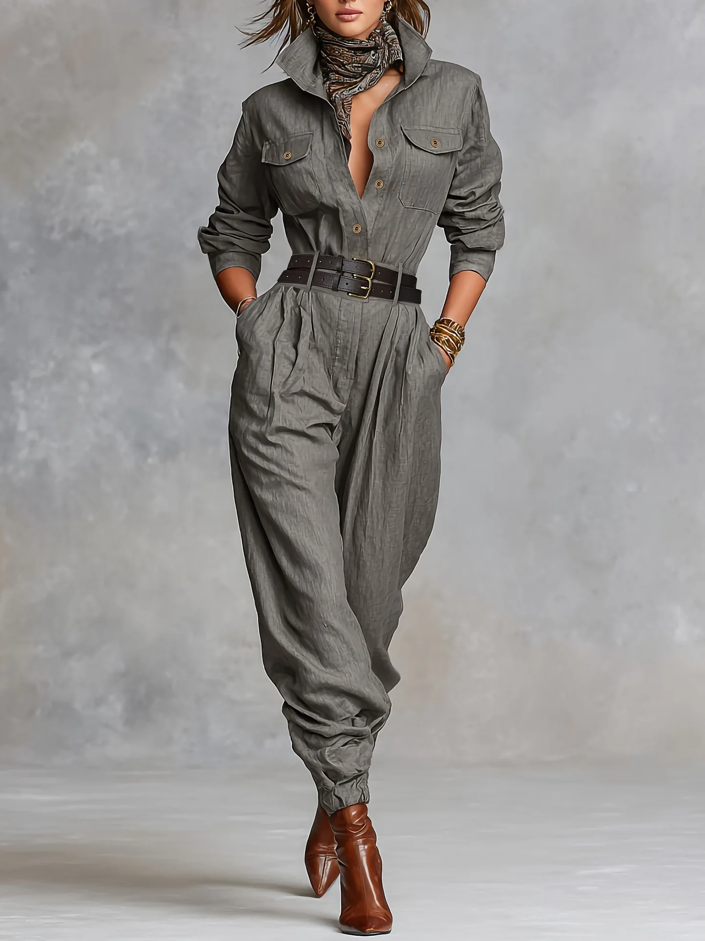 Women's Jumpsuit Summer New Fashionable Workwear Style Solid Color Simple Lapel Button Front High Waisted Ankle Binding Jumpsuit
Women's Jumpsuit Summer New Fashionable Workwear Style Solid Color Simple Lapel Button Front High Waisted Ankle Binding Jumpsuit