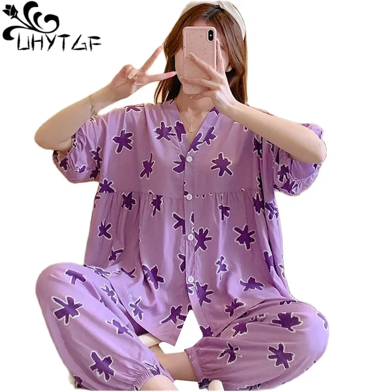 UHYTGF New Cotton Silk Pajamas Women Printed Single-Breasted Spring Summer Two-Piece Set Thin Home Clothes Female Sleepwear 2465
UHYTGF New Cotton Silk Pajamas Women Printed Single-Breasted Spring Summer Two-Piece Set Thin Home Clothes Female Sleepwear 2465
