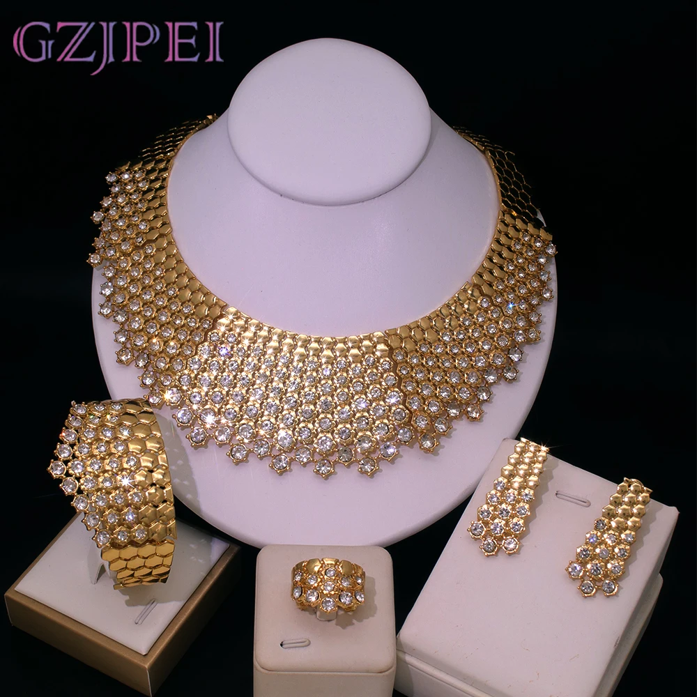 GZJPEI Shiny White Zircon Jewelry Set Italy Nigeria Wedding Jewellery 18K Gold Plated Big Necklace Bracelet Long Drop Earring 
GZJPEI Shiny White Zircon Jewelry Set Italy Nigeria Wedding Jewellery 18K Gold Plated Big Necklace Bracelet Long Drop Earring